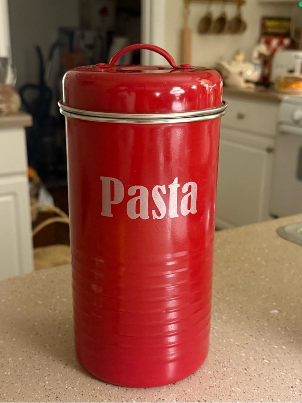 Vintage Red Metal Pasta Canister Tin Retro Kitchen Storage Farmhouse Decor 9.5”